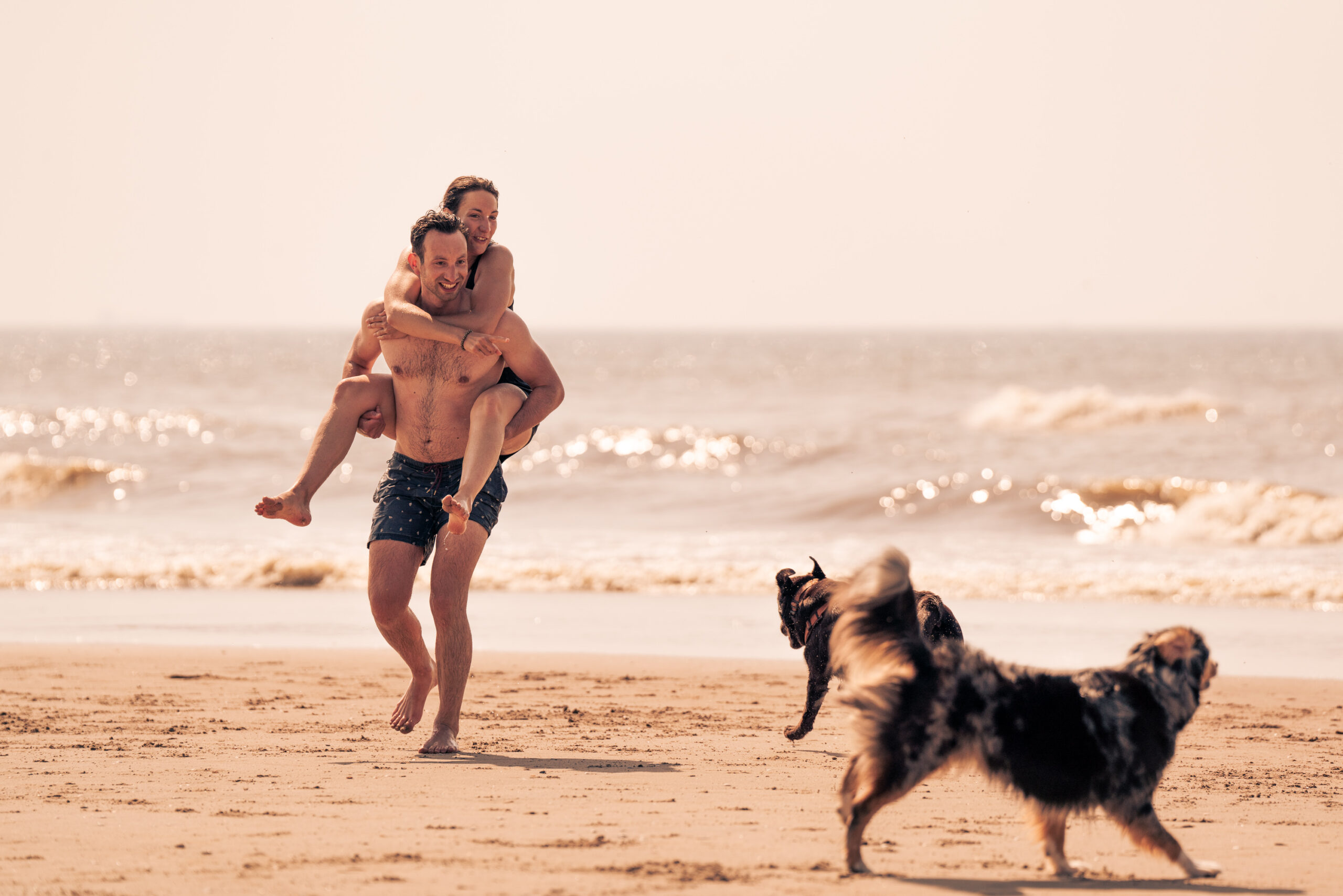 Een portretfoto van een man in zwembroek die lachend over het strand rent met zijn vriendin op de rug. Ze worden omringd door vrolijk spelende honden.